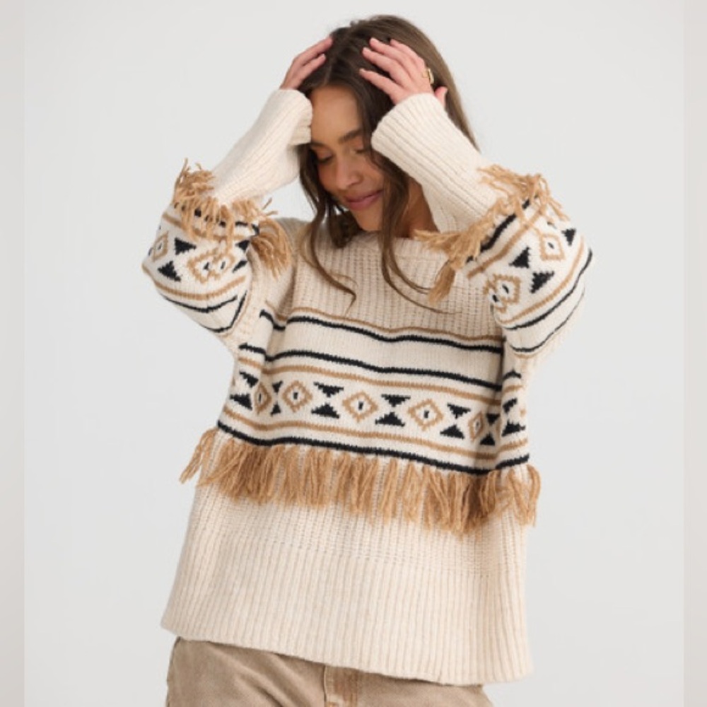 NEW Driftwood x Free People Tassel Geo-Print Dropped-Shoulder Sweater Cream XL